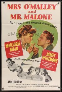 7d645 MRS. O'MALLEY & MR. MALONE 1sh '51 Marjorie Main & Whitmore tickle the nation's funny bone!