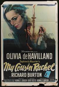 7d656 MY COUSIN RACHEL 1sh '53 artwork of pretty Olivia de Havilland & Richard Burton!