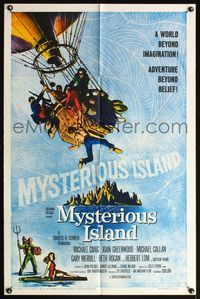 7d665 MYSTERIOUS ISLAND 1sh '61 Ray Harryhausen, Jules Verne sci-fi, cool hot-air balloon image!