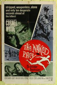 7d667 NAKED PREY 1sh '65 Cornel Wilde stripped and weaponless in Africa running from killers!