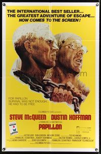 7d722 PAPILLON int'l 1sh '73 great art of prisoners Steve McQueen & Dustin Hoffman by Tom Jung!