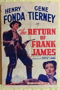 7d770 RETURN OF FRANK JAMES 1sh R45 outlaw Henry Fonda, pretty Gene Tierney, Fritz Lang directed!
