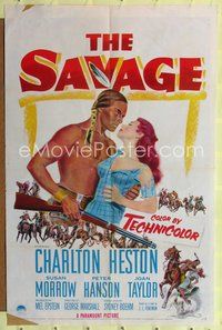 7d799 SAVAGE 1sh '52 Native American Charlton Heston holds Susan Morrow!