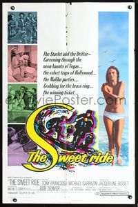 7d887 SWEET RIDE 1sh '68 1st Jacqueline Bisset standing topless in bikini, cool surfing art!