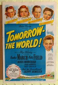 7d921 TOMORROW THE WORLD 1sh '44 Fredric March & Betty Field try to redeem Nazi youth Skip Homeier