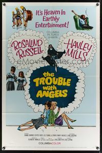 7d938 TROUBLE WITH ANGELS 1sh '66 Hayley Mills, Binnie Barnes, nun Rosalind Russell on bike!