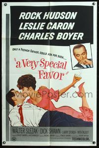 7d956 VERY SPECIAL FAVOR 1sh '65 Rock Hudson kisses sexy Leslie Caron, Charles Boyer!