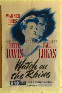 7d964 WATCH ON THE RHINE 1sh '43 close-up artwork of Bette Davis & Paul Lukas!