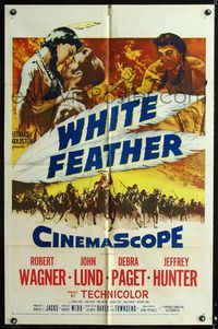 7d974 WHITE FEATHER 1sh '55 art of Robert Wagner & Native American Debra Paget!