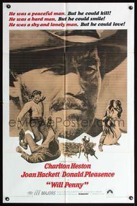 7d981 WILL PENNY 1sh '68 close up of cowboy Charlton Heston, Joan Hackett, Donald Pleasance