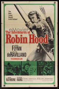 7e015 ADVENTURES OF ROBIN HOOD 1sh R64 Errol Flynn as Robin Hood, Olivia De Havilland!
