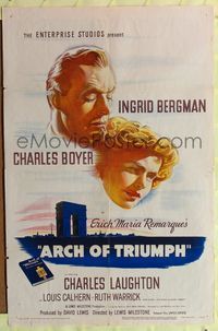 7e036 ARCH OF TRIUMPH 1sh '47 Ingrid Bergman, Charles Boyer, from novel by Erich Maria Remarque!