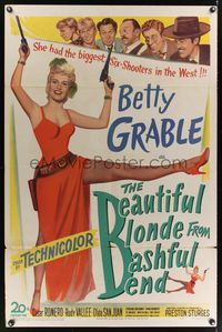 7e060 BEAUTIFUL BLONDE FROM BASHFUL BEND 1sh '49 Preston Sturges, Betty Grable has the big guns!