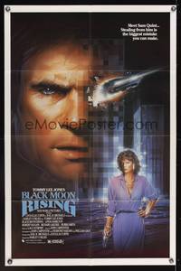 7e077 BLACK MOON RISING 1sh '86 wild Chorney art of car driving out of Tommy Lee Jones' face!