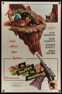 7e129 BULLET IS WAITING 1sh '54 Jean Simmons is trapped with Rory Calhoun & Stephen McNally!