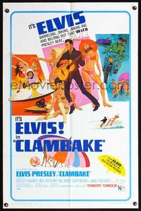 7e156 CLAMBAKE 1sh '67 cool art of Elvis Presley in speed boat with sexy babes, rock & roll!