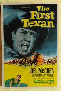 7e258 FIRST TEXAN 1sh '56 great close up image of cowboy Joel McCrea, plus sexy Felicia Farr!