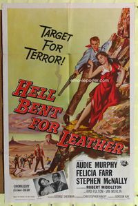 7e340 HELL BENT FOR LEATHER 1sh '60 art of Audie Murphy with shotgun protecting Felicia Farr!