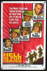 7e342 HELL IS FOR HEROES 1sh '62 Steve McQueen, Bob Newhart, Fess Parker, Bobby Darin, WWII!