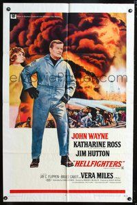 7e343 HELLFIGHTERS 1sh '69 John Wayne as fireman Red Adair, Katharine Ross, art of blazing inferno