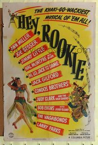 7e350 HEY ROOKIE 1sh '43 Ann Miller, Joe Besser, Jimmy Little, khaki-go-wackiest musical!