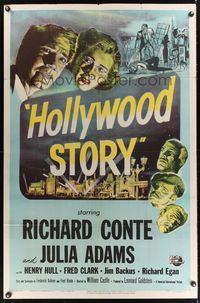 7e364 HOLLYWOOD STORY 1sh '51 William Castle directed, art of Richard Conte & Julia Adams!