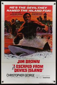 7e393 I ESCAPED FROM DEVIL'S ISLAND 1sh '73 cool art of Jim Brown swimming w/sharks!