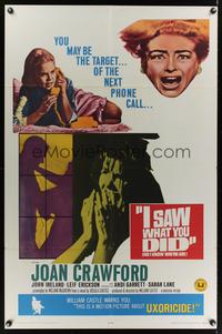 7e402 I SAW WHAT YOU DID int'l 1sh '65 Joan Crawford, William Castle, you may be the next target!