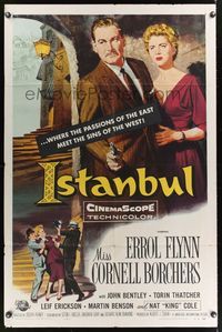 7e429 ISTANBUL 1sh '57 Errol Flynn & Cornell Borchers in Turkey's city of a thousand secrets!