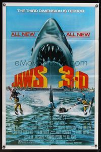 7e436 JAWS 3-D 1sh '83 great Gary Meyer shark artwork, the third dimension is terror!