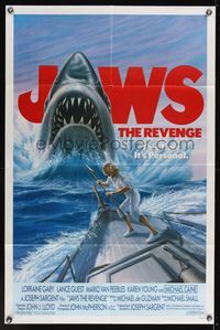7e437 JAWS: THE REVENGE 1sh '87 great artwork of shark attacking ship, this time it's personal!