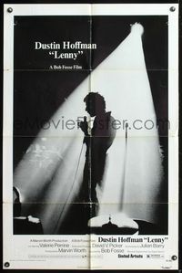 7e491 LENNY 1sh '74 cool silhouette image of Dustin Hoffman as comedian Lenny Bruce at microphone!