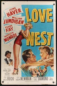7e511 LOVE NEST 1sh '51 William Lundigan, full-length art of sexy Marilyn Monroe, June Haver!