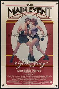 7e529 MAIN EVENT 1sh '79 great full-length image of Barbra Streisand boxing with Ryan O'Neal!