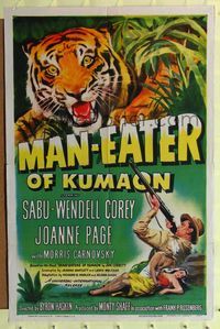 7e551 MAN-EATER OF KUMAON 1sh '48 Sabu, Wendell Corey, Joanne Page, cool art of tiger!