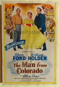 7e535 MAN FROM COLORADO 1sh '48 sexy Ellen Drew is caught between Glenn Ford & William Holden!