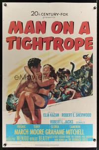 7e543 MAN ON A TIGHTROPE 1sh '53 directed by Elia Kazan, pretty circus performer Terry Moore!