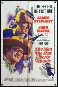 7e547 MAN WHO SHOT LIBERTY VALANCE 1sh '62 John Wayne & James Stewart 1st time together, John Ford