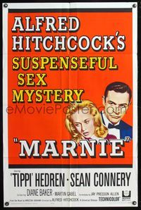 7e557 MARNIE 1sh '64 Sean Connery & Tippi Hedren in Alfred Hitchcock's suspenseful sex mystery!
