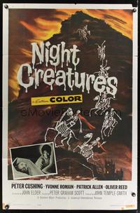 7e642 NIGHT CREATURES 1sh '62 Hammer, great horror art of skeletons riding skeleton horses!