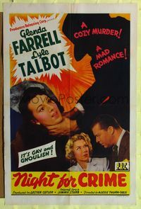 7e645 NIGHT FOR CRIME 1sh '43 Glenda Farrell, Lyle Talbot, it's gay and ghoulish!