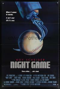 7e646 NIGHT GAME 1sh '89 Roy Schneider, Karen Young, wild art of hook hand & baseball!
