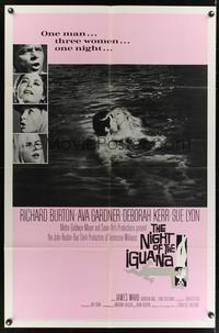 7e655 NIGHT OF THE IGUANA 1sh '64 Richard Burton, Ava Gardner, Sue Lyon, Deborah Kerr, John Huston