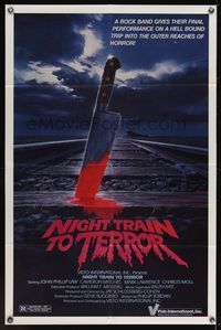 7e660 NIGHT TRAIN TO TERROR 1sh '84 cool horror art of bloddy knife stuck in train tracks!