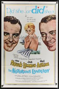 7e677 NOTORIOUS LANDLADY 1sh '62 art of sexy naked Kim Novak between Jack Lemmon & Fred Astaire!