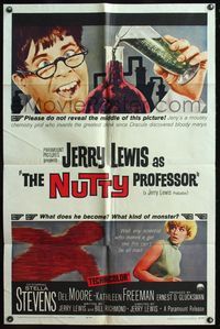 7e680 NUTTY PROFESSOR 1sh '63 wacky Jerry Lewis directs & stars w/pretty Stella Stevens!