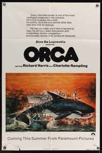 7e698 ORCA advance 1sh '77 wild artwork of attacking Killer Whale by John Berkey!