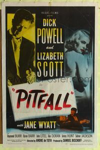 7e718 PITFALL 1sh '48 Dick Powell is as strong as steel but Lizabeth Scott will break him!