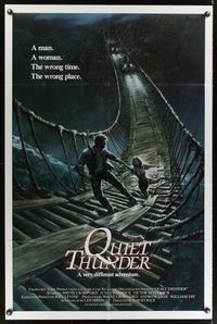 7e736 QUIET THUNDER int'l 1sh '88 BJ Davis, cool artwork of couple being chased across rope bridge!