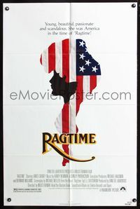 7e739 RAGTIME 1sh '81 James Cagney, cool patriotic American flag art, directed by Milos Forman!